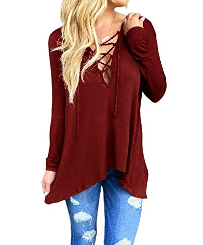 MIXMAX Women Sexy Lace Up Irregular V Neck Hooded Long Sleeve Blouse Shirt Tops