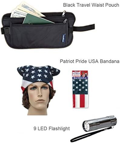Travel Kit: Money Belt Id Passport Body Security Waist Pouch Ultra Slim with USA Patriot Pride Bandana with 9 LED Flashlight