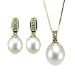 Dewdrop White Cultured Pearl 14k Yellow Gold Diamond Pendant Necklace & Earrings Set - Dahlia Classic Collection