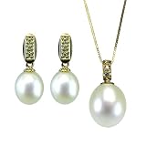 Dewdrop White Cultured Pearl 14k Yellow Gold Diamond Pendant Necklace & Earrings Set - Dahlia Classic Collection