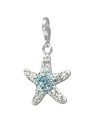 SilberDream Glitter Charm Swarowski Elements big starfish white and light blue, 925 Sterling Silver Charms Pendant with Lobster Clasp for Charms Bracelet, Necklace or Earring GSC309