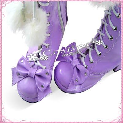 LOLITA SHOES Japanese Purple Ribbon Bow Lace-up Rubber-soled Platform Gothic Lolita Boots 23.5cm