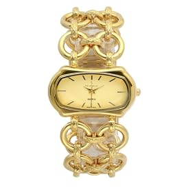 Peugeot Ladies Goldtone Round Jewelery Chain Link Watch, with an Oval Champagne colored Dial and a Self Adjustable Clasp