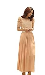Short Puff Sleeves Flared-Skirt Chiffon Lace Pleated Maxi Dress 