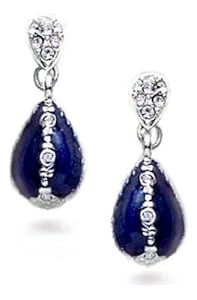 Pricegems Gold Plated Ladies Swarovski Crystal Cobalt Blue Enameled Faberge Style Russian Egg Drop Earrings