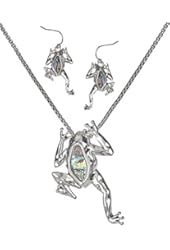 Silver-Tone Hammered Abalone Frog Pendant with Popcorn Chain & Matching Earrings by Jewelry Nexus