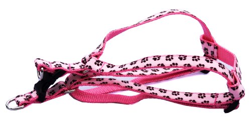 Medium Pink/Brown Puppy Paws Dog Harness: 3/4" wide, Adjusts 18 - 24".