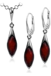 Sterling Silver Red Dark Amber Set Marquise Drop Leverback Earrings Necklace 18 Inches