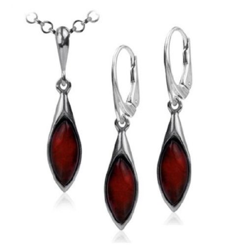 Sterling Silver Red Dark Amber Set Marquise Drop Leverback Earrings Necklace 18 Inches