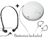 Sony Walkman Portable All-in-one Skip-Free CD Player / Digital FM Radio Tuner with Remote Control, Earbud Headphones, 40 preset FM stations, Digital Mega Bass Sound, AVLS & CD-R/RW Playback ** Batteries Included ** + Additional Vertical in-the-ear Headphones