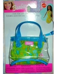 Toy: Barbie on the Go Fashions - BLUE Clear Handbag, GREEN Dress & Shoes - Mattel