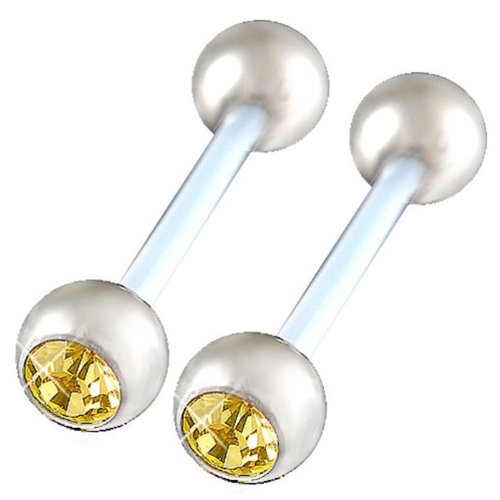 bodyjewellery 14g Gauge 5/8 16mm Clear Flexible Acrylic Tongue bar Nipple Barbell 6mm Stainless Steel Balls Crystal Piercing 2Pcs ALTI