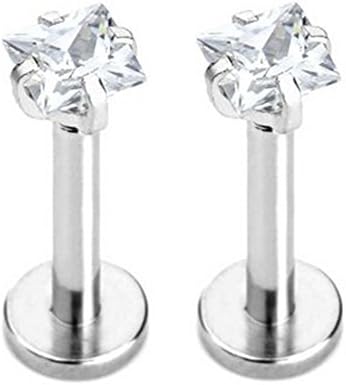 Lots of 2 Pcs 16g 3mm Square Cz Gem Lip Ring Labret Stud Steel Flat Back (Clear)