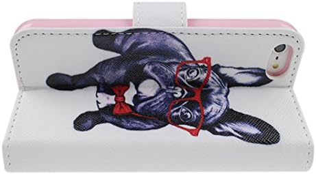 SherPome® Wallet Phone Case for iPhone 5S, iPhone 5 (4-inch) Painted PU Leather Cover Magnetic Snap Card Slots Flip Stand Telephone Cases (Lovely Pug Ware Red Glasses)