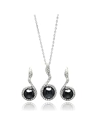 Nickel Free Sterling Silver Necklace & Earring Sets Hanging Black Pearl With Cubic Zirconia Set Pendant 11Mm X 25Mm Earring 10Mm X 22Mm Chain Adjustable 16"-18"