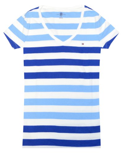 Tommy Hilfiger Women V-neck Striped Logo T-shirt