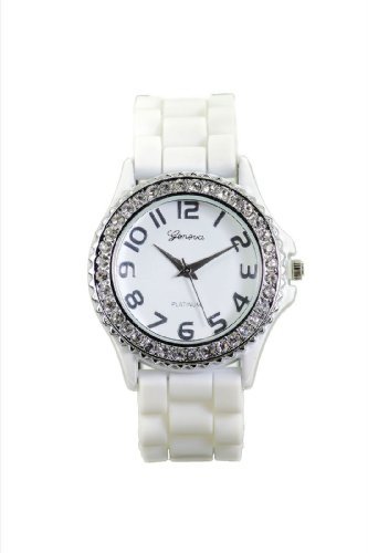 Women's Rhinestone-accented White Large Face Silicone Watch