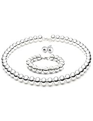 Designer Inspired 10mm LARGE SHINY POLISHED Italian Sterling Silver Round BALL Bead Necklace 16"in with 8" Bracelet and 10mm Ball Stud Earrings SET COMBO