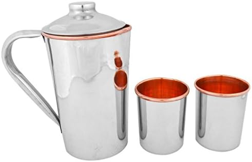 Tiger54 LLC Set of Copper Pitcher with Steel Exterior and 2 Copper Tumblers (10oz)