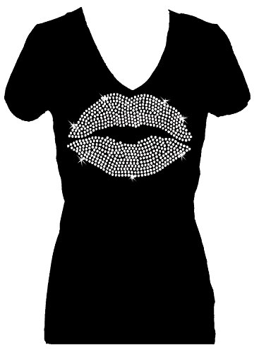 Lips Kiss Sequins Sequins Bling V Neck Short Sleeve Tee Shirt