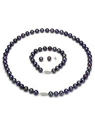 Sterling Silver 8-9mnm Black Freshwater Pearl Necklace 18" Length Sets with Bracelet 7" and Stud Earring