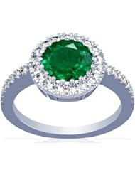 14K White Gold Round Cut Emerald Ring With Sidestones