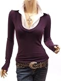 Patty Women Smart Shirt Collar V-Neck Knit Tops 2-in-1 Style Blouse