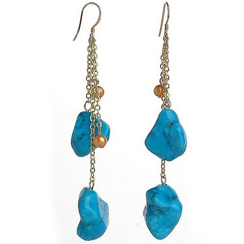 925 Sterling Silver Turquoise Nugget & Gold Pearl Chain Link Dangling Earrings