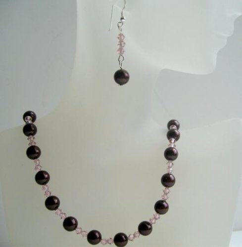 Meroon Pearls Swarovski Pearls & Vintage Swarovski Rose Crystals 20 InchesNecklace Set Handmade