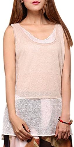 DAPENE Women's Summer Gorgeous Contrast Crew Neck Sleeveless Blouse Beige One Size