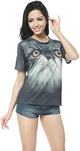 Galaxyfashion Women's Cat Graphic Tee in 3d Effect (Free Size, Multi-Color)