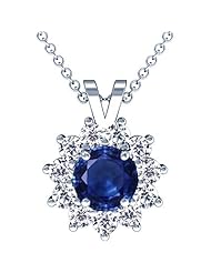 14K White Gold Round Cut Blue Sapphire And Round Diamond Pendant (GIA Certificate)