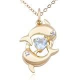 18k Yellow Gold Plated Sterling Silver Blue Topaz and Diamond Accent Dolphins and Heart Pendant, 18