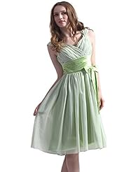 A-line V-neck Chiffon Knee Length Natural   Waistline  Lace Bridesmaid Dress  With a Bow(s)