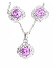 Beautiful Pink Sapphire Stud Earrings and Pendant Set .925 Sterling Silver Rhodium Finish White Gold Quality
