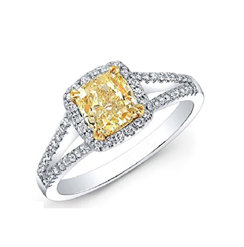 Sterling Silver Yellow and White Cubic Zirconia Cushion-cut Halo Ring