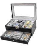 Sodynee PU Leather Glass Top Watch Box with Jewelry tray - Black