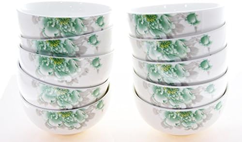 JustNile Floral Design Rice Bowl Set - 10 Piece 4.5" Green Hibiscus Chinese Type