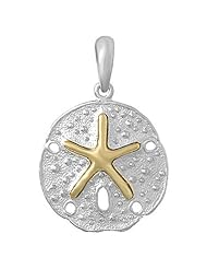 925 Solid Sterling Silver Nautical Necklace Charm Pendant, Sand Dollar With 14K Gold D