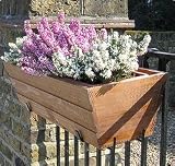 wooden window box with plastic liner complete with curved metal brackets for hanging over a balcony, railing or wall - 65cm L, 17.5 cm H, 19.5cm W