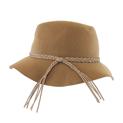 Camel Floppy Brimmed Panama Style Fedora Hat w/ Braided Fringe Band