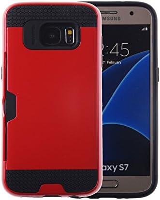 Case Art Plus [Full Degree Protection] Transparent Tempered Glass Screen Protector Film [Card Slot Bumper] Super Slim Fit Light Case for Galaxy S7 (Red)