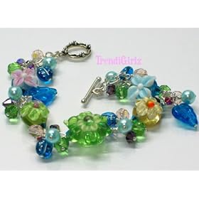 ONE OF A KIND LAMPWORK BEADS SWAROVSKI CRYSTALS STERLING SILVER BRACELET (Floral Bouquet)