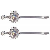 Hair Clip - H79 - Bobby Pin Style - Circle and Stars ~ 2-1/2" Long - Bright Silver Metal - Iridescent Crystals - 2 Pc Set