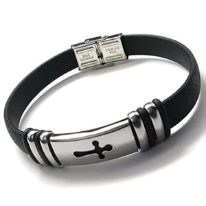 KONOV Jewelry Stainless Steel Rubber Cross Bracelet - Black Silver - 8.8 Inch (with Gift Bag)
