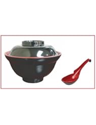 Set of Japanese Soup Bowl w/Lid and Ladle Style Spoon Black & Red, 16 oz.