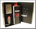 Zippo Feuerzeug Chrom geb&uuml;rstet Geschenkset mit Benzin + Feuerstein-Spender