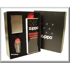 Zippo Feuerzeug Chrom geb�rstet Geschenkset mit Benzin + Feuerstein-Spender