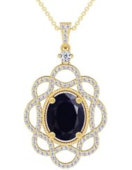 18K Yellow Gold Oval Cut Blue Sapphire And Round Diamond Pendant