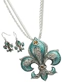 Elegant Silver & Blue Filigree Fleur De Lis Pendant Necklace & Earrings Set on 18 Silver Finished Multichain